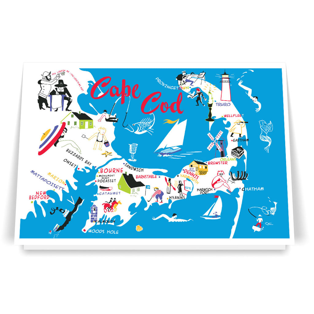 Cape Cod 50's Colorful Map 5 x 7 Greeting Card