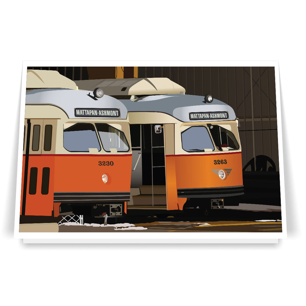 Mattapan-Ashmont High Speed Trolleys in Barn 5 x 7 Greeting Card