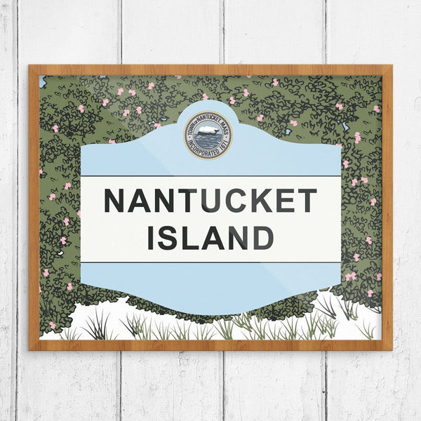 Nantucket Island Classic Sign and Rosa Rugosa Beach Rose Print