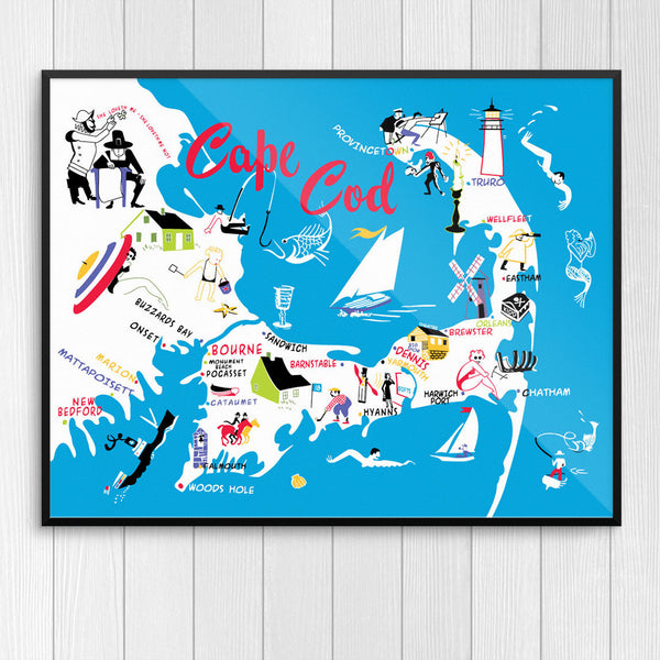 Cape Cod 50's Colorful Map 12 x 18 Print