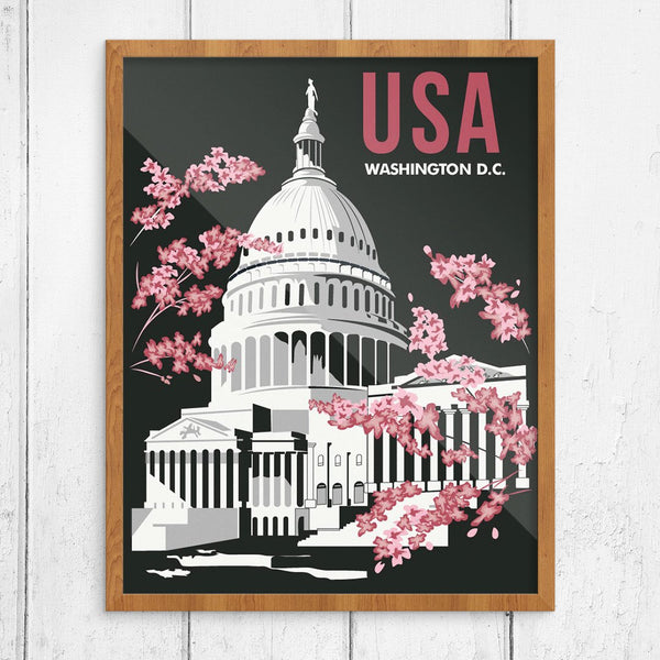 Washington DC Capital Building & Cherry Blossoms Travel Poster Print