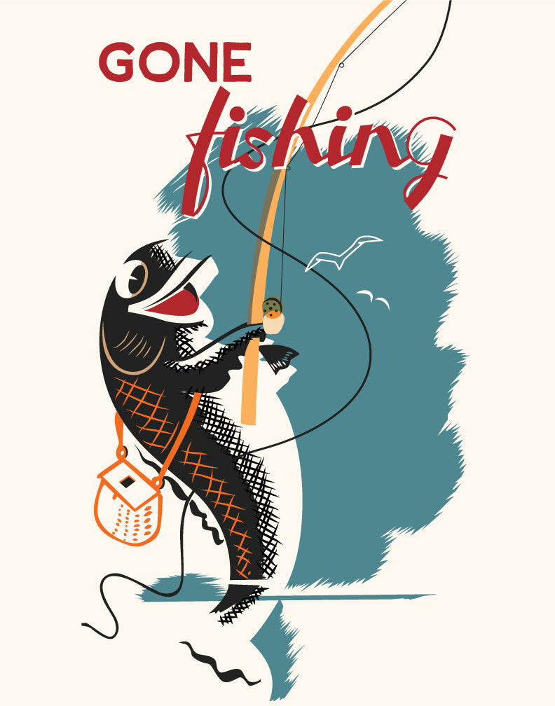 Gone Fishing Retro Print Magnet