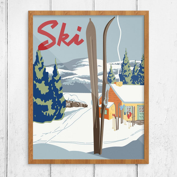 Ski Train and Warm Cabin Ski Poster