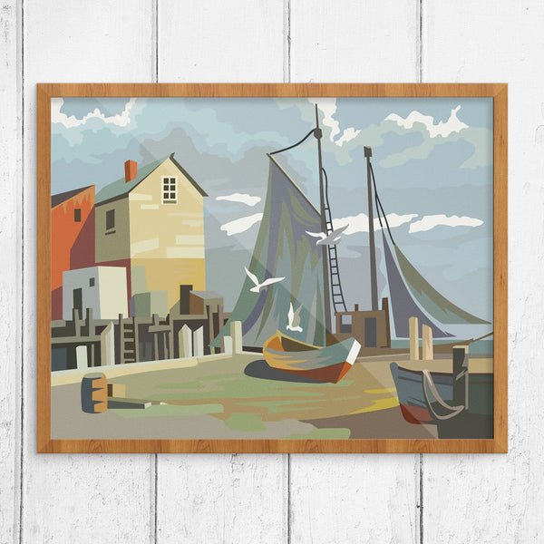 Pain by Number Style Harbor Dock Scene Finished Print