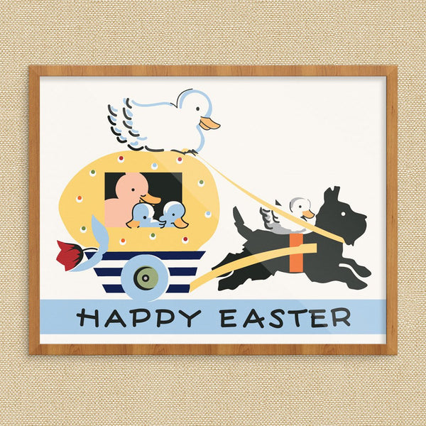 Happy Easter Ducks Riding in an Egg Carriage Vintage Print