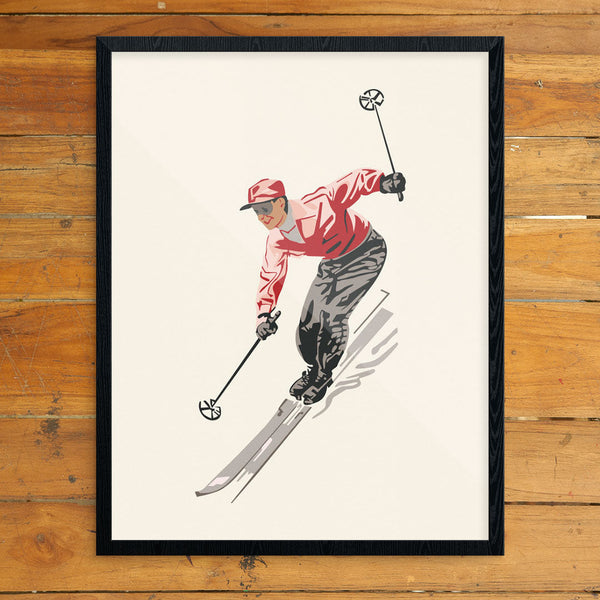 Snappy Mid-Century Modern Skier in Red Print
